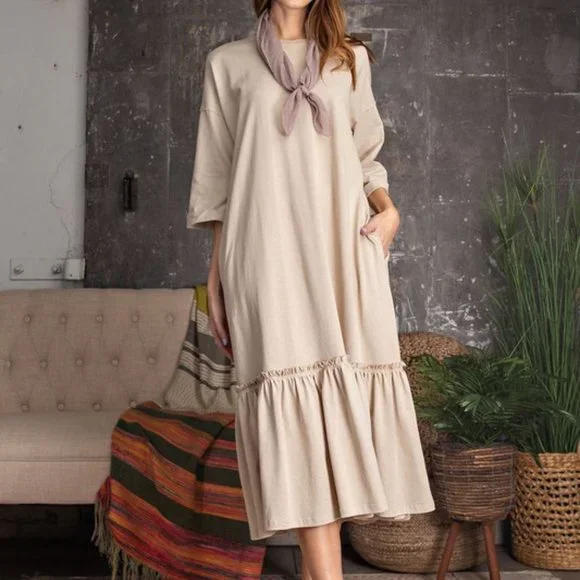 Easel Dresses | 8. Easel Khaki Ruffle Bottom Boho Cotton Short Sleeve Maxi Dress S | Color: Tan | Size: S | Winiel's Closet